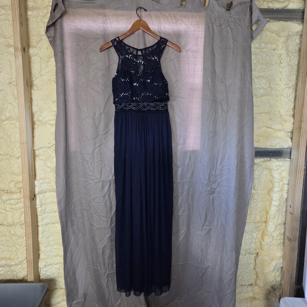 IN San Francisco Dress Juniors 9 Blue Solid Sleeveless Halter Sequin Maxi Gown
